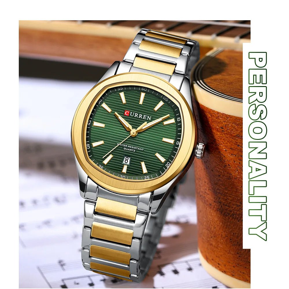 M:8474 CURREN GREEN DIAL SILVER+GOLDEN STAINLESS STEEL CHAIN WRIST WATCH FOR MEN WITH BRAND BOX & BAG - Timecheck