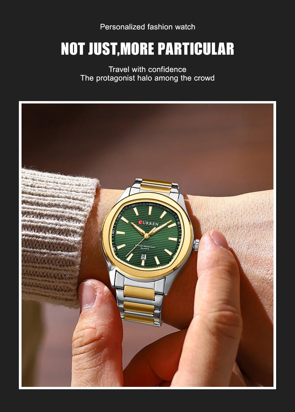 M:8474 CURREN GREEN DIAL SILVER+GOLDEN STAINLESS STEEL CHAIN WRIST WATCH FOR MEN WITH BRAND BOX & BAG - Timecheck