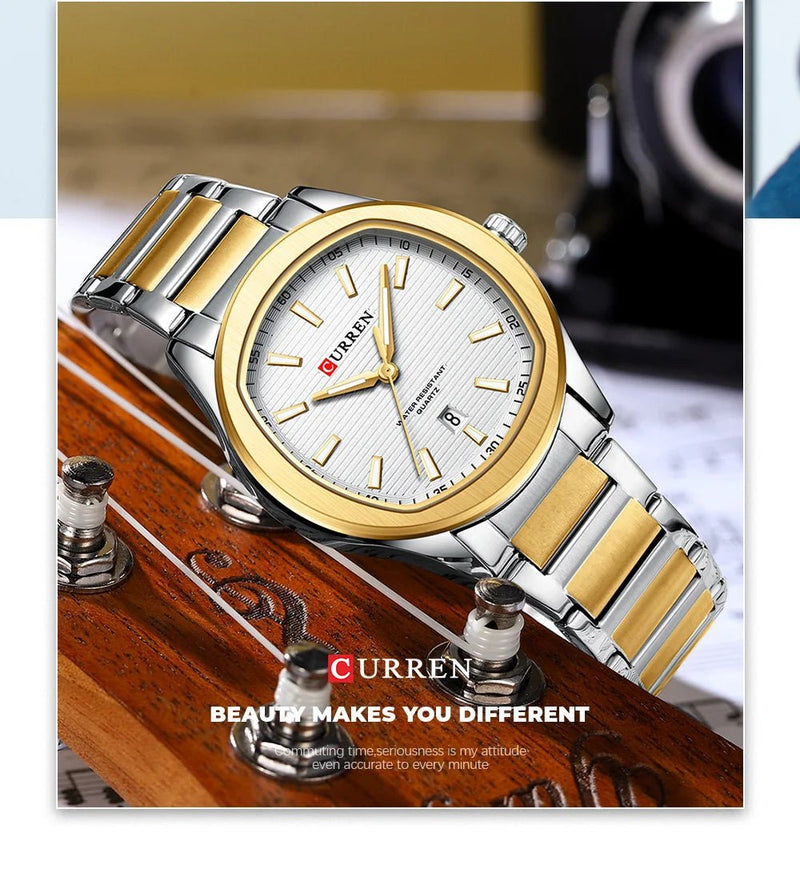 M:8474 CURREN WHITE DIAL SILVER+GOLDEN STAINLESS STEEL CHAIN WRIST WATCH FOR MEN WITH BRAND BOX & BAG - Timecheck