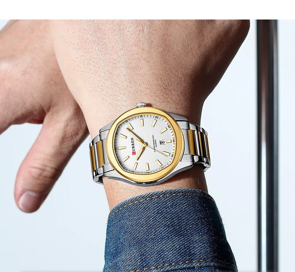 M:8474 CURREN WHITE DIAL SILVER+GOLDEN STAINLESS STEEL CHAIN WRIST WATCH FOR MEN WITH BRAND BOX & BAG - Timecheck