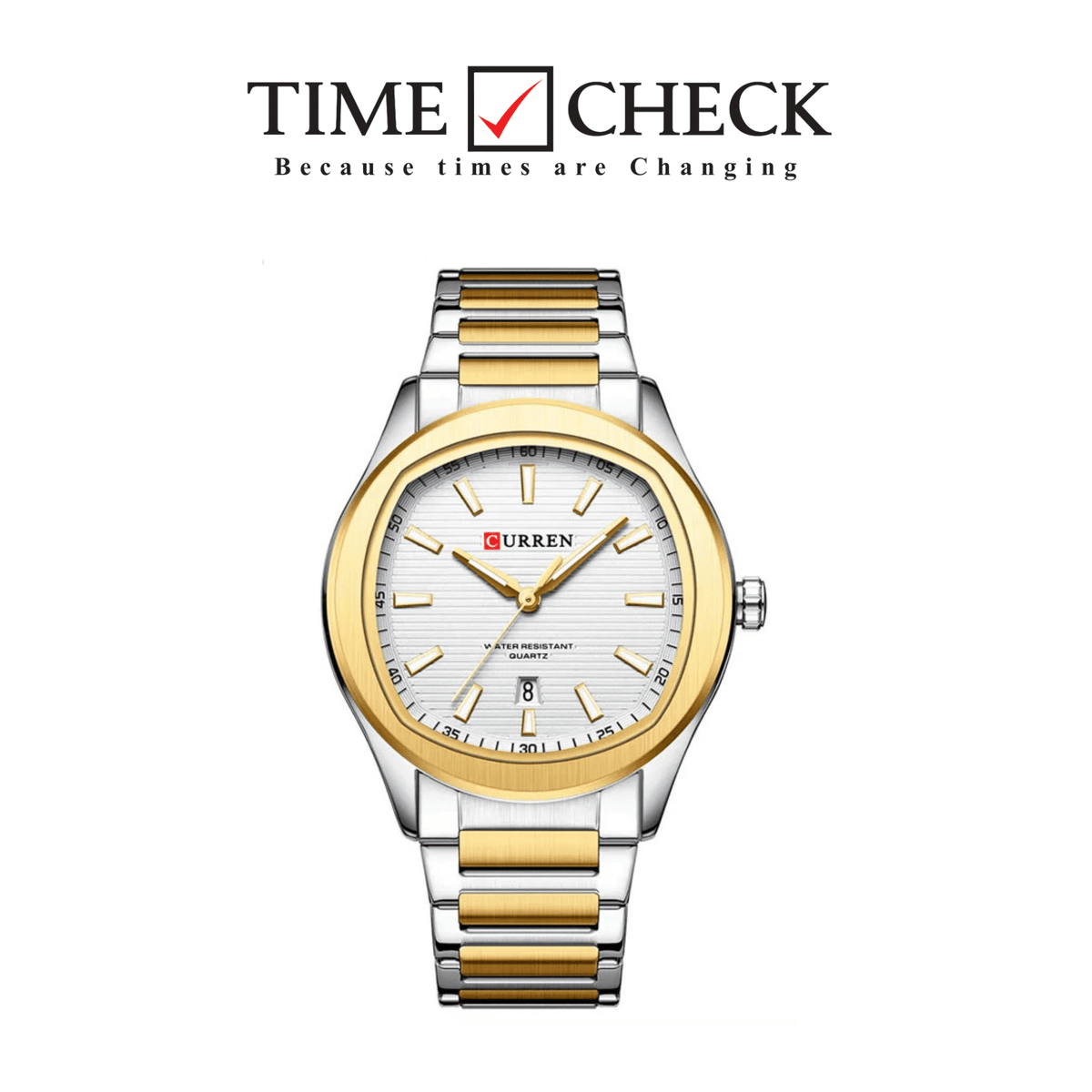 M:8474 CURREN WHITE DIAL SILVER+GOLDEN STAINLESS STEEL CHAIN WRIST WATCH FOR MEN WITH BRAND BOX & BAG - Timecheck