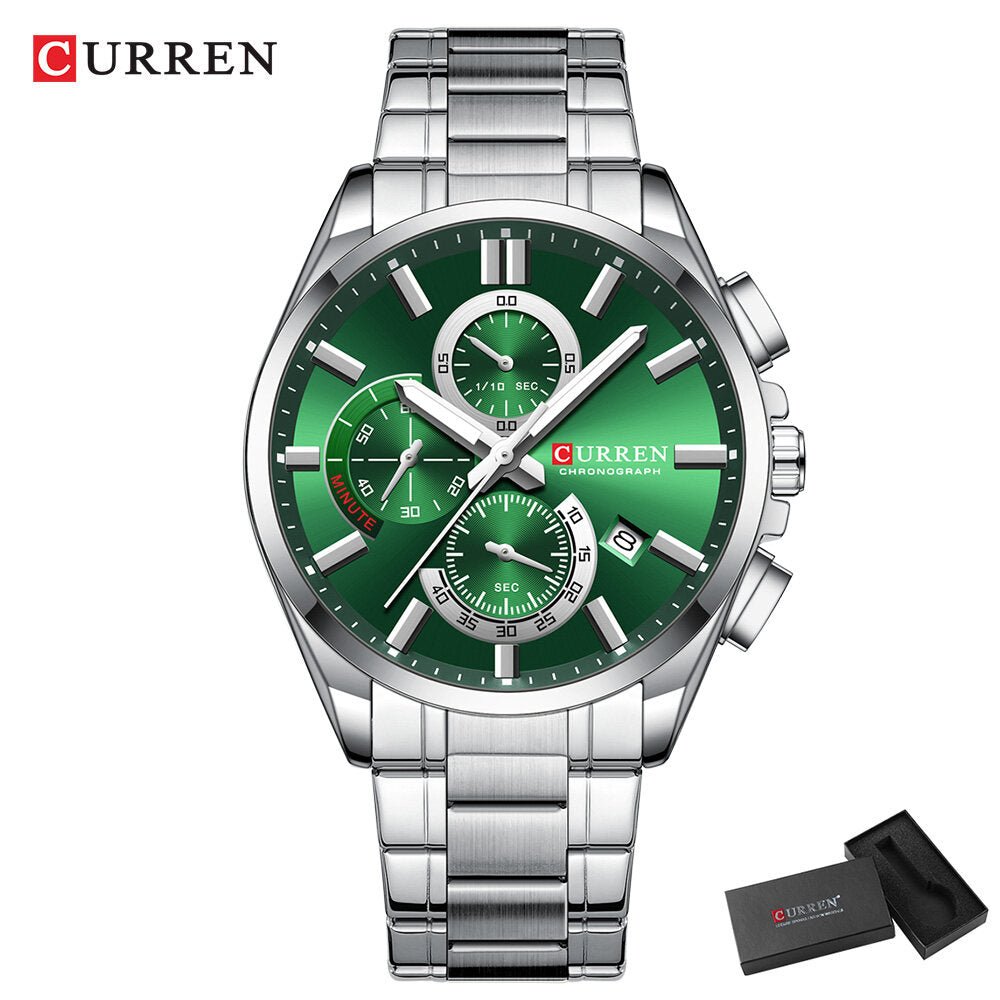 M:8475 CURREN GREEN DIAL SILVER STAINLESS STEEL CHORONOGRAPH ANALOG QUARTZ MENS WATCH WITH BAG AND BOX - Timecheck