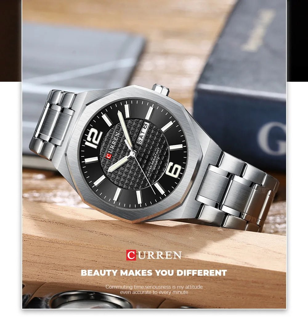 M:8476 Curren Black Dial silver Stainless Steel Day&Date Analog Quartz Men's Watch with brand {box&bag} - Timecheck