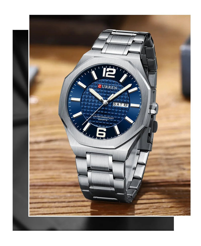 M:8476 Curren blue Dial silver Stainless Steel Day&Date Analog Quartz Men's Watch with brand {box&bag} - Timecheck