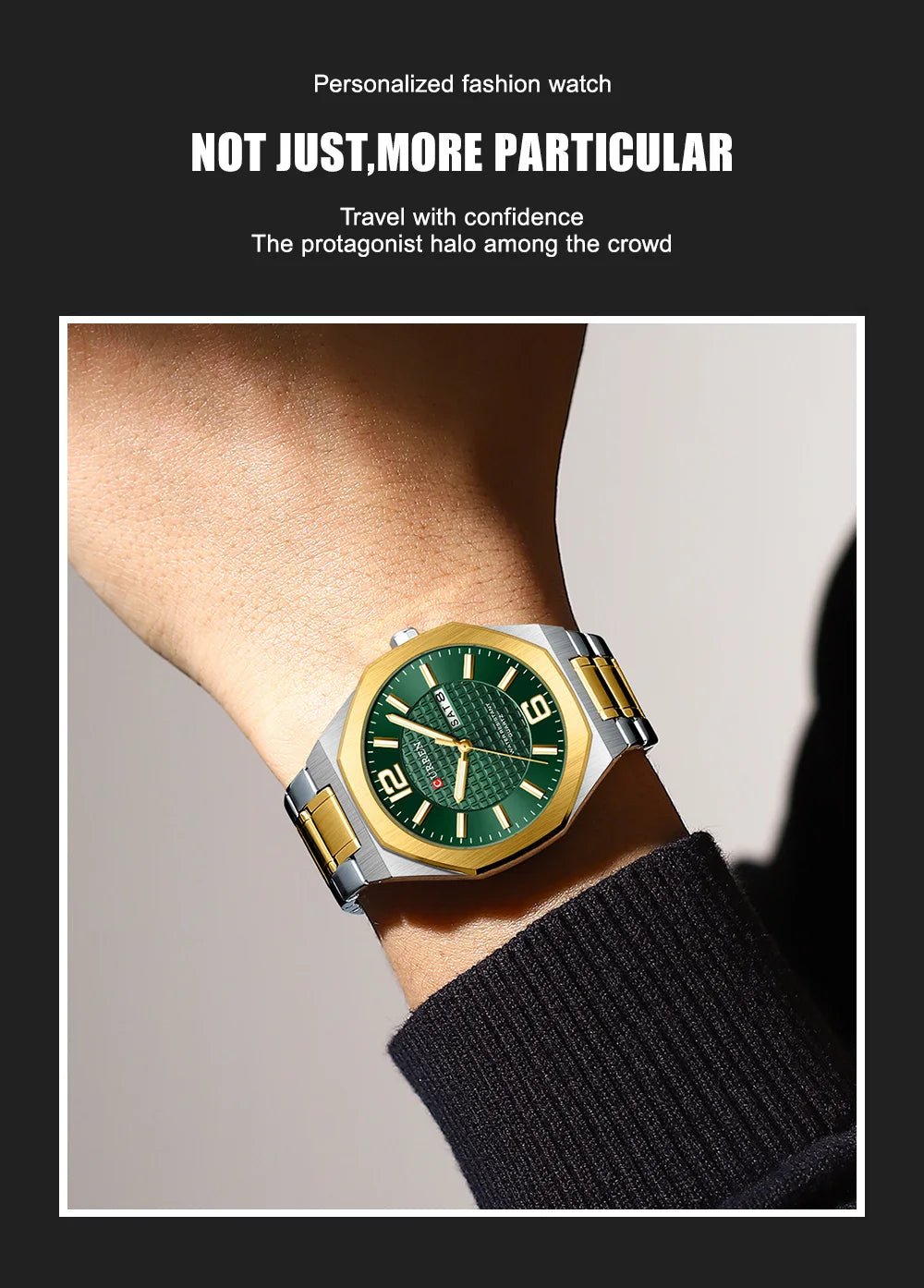 M:8476 Curren Green Dial golden+Silver Stainless Steel Day&Date Analog Quartz Men's Watch with brand {box&bag} - Timecheck