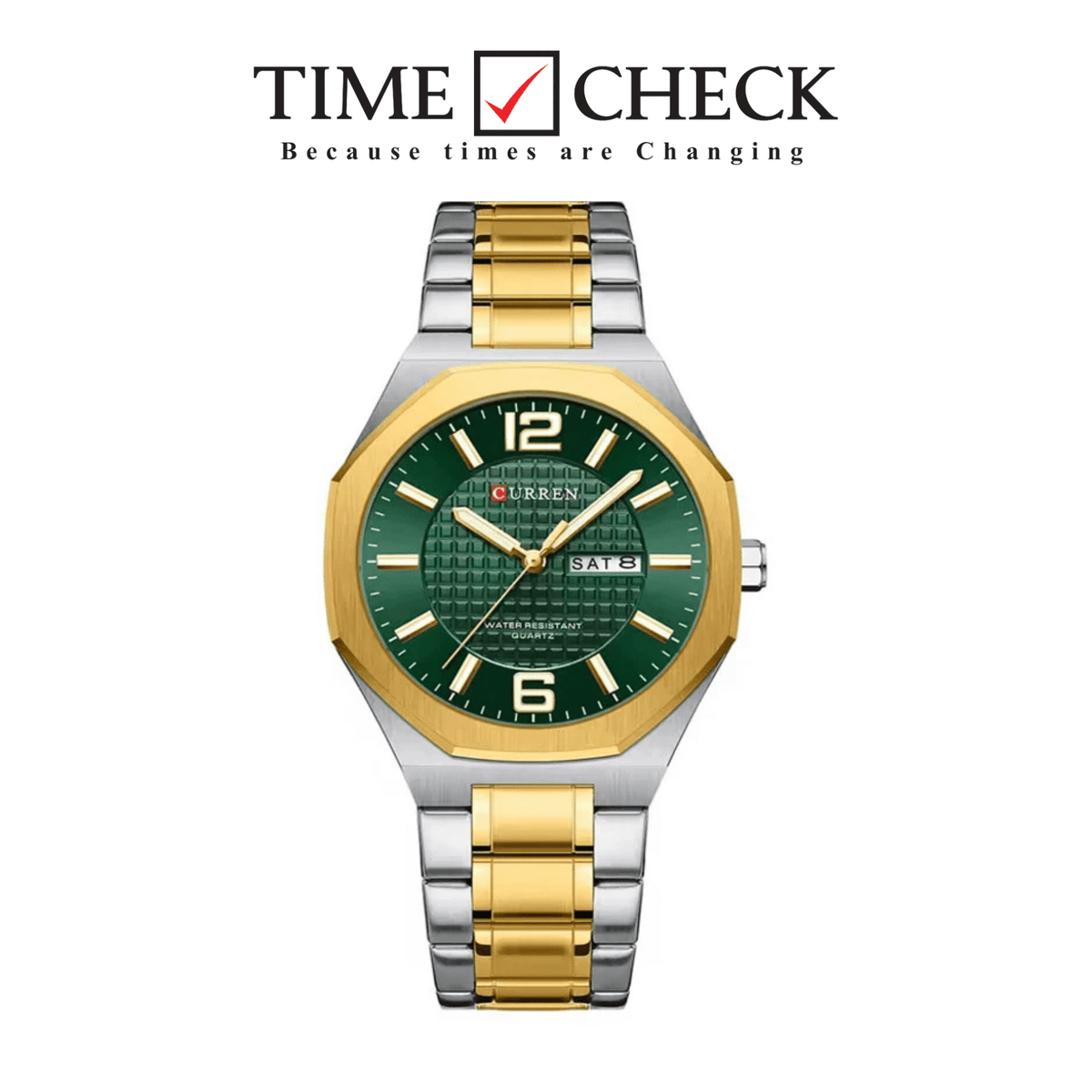 M:8476 Curren Green Dial golden+Silver Stainless Steel Day&Date Analog Quartz Men's Watch with brand {box&bag} - Timecheck
