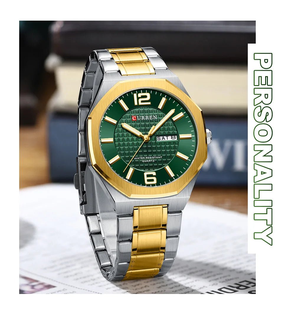 M:8476 Curren Green Dial golden+Silver Stainless Steel Day&Date Analog Quartz Men's Watch with brand {box&bag} - Timecheck