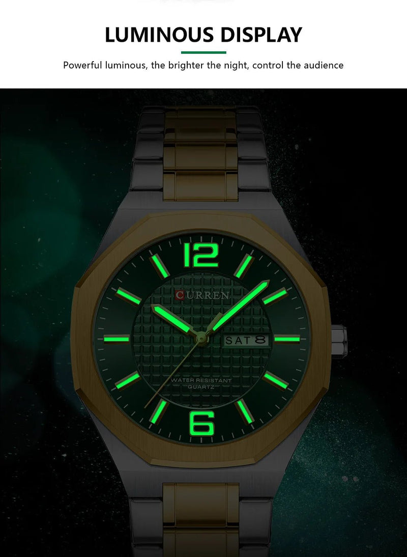 M:8476 Curren Green Dial golden+Silver Stainless Steel Day&Date Analog Quartz Men's Watch with brand {box&bag} - Timecheck