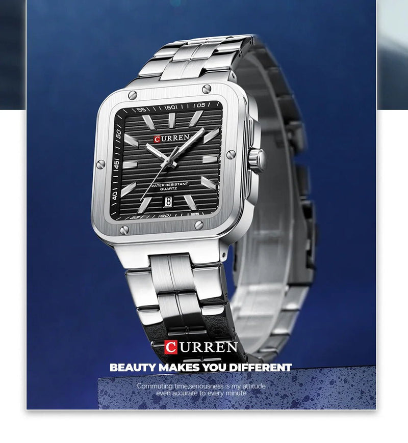 M:8479 CURREN Black Dial SILVER Stainless Steel Chain Analog Quartz Men's Watch With Box & Bag - Timecheck