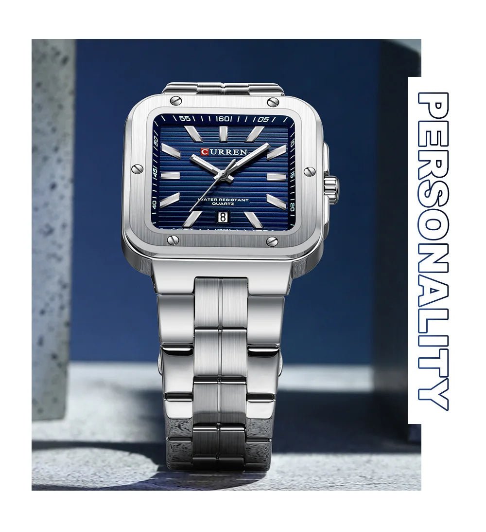 M:8479 CURREN Blue Dial SILVER Stainless Steel Chain Analog Quartz Men's Watch With Box & Bag - Timecheck