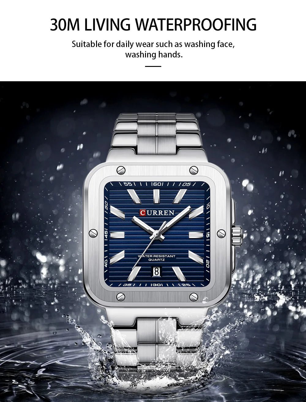 M:8479 CURREN Blue Dial SILVER Stainless Steel Chain Analog Quartz Men's Watch With Box & Bag - Timecheck