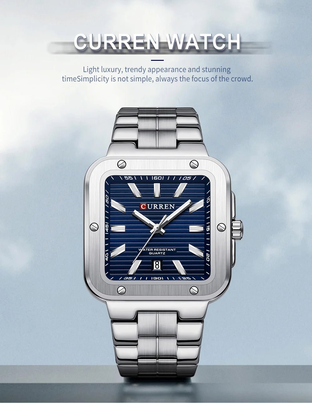 M:8479 CURREN Blue Dial SILVER Stainless Steel Chain Analog Quartz Men's Watch With Box & Bag - Timecheck