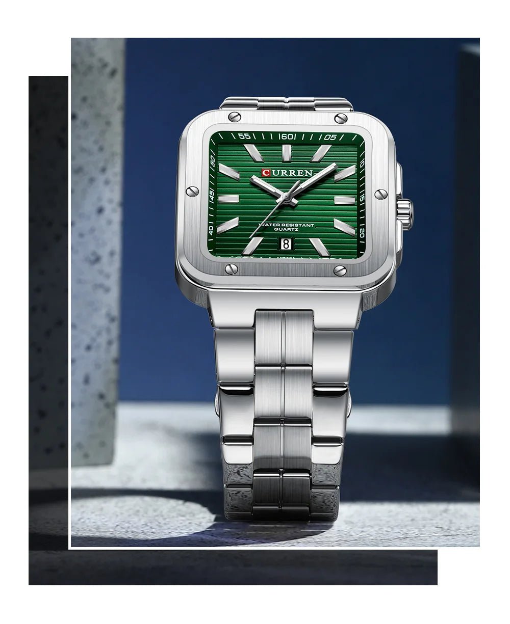 M:8479 CURREN Green Dial SILVER Stainless Steel Chain Analog Quartz Men's Watch With Box & Bag - Timecheck