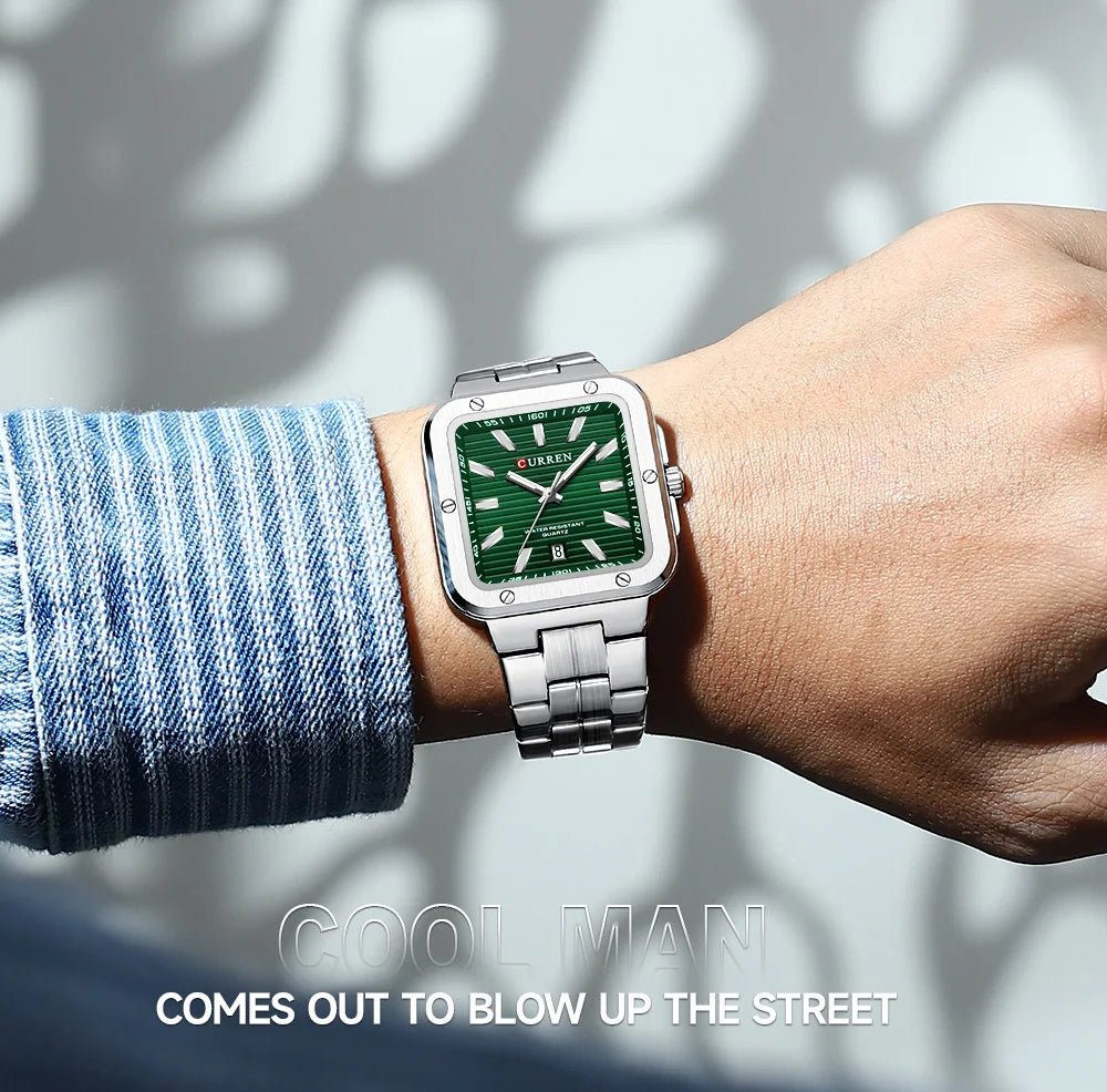 M:8479 CURREN Green Dial SILVER Stainless Steel Chain Analog Quartz Men's Watch With Box & Bag - Timecheck