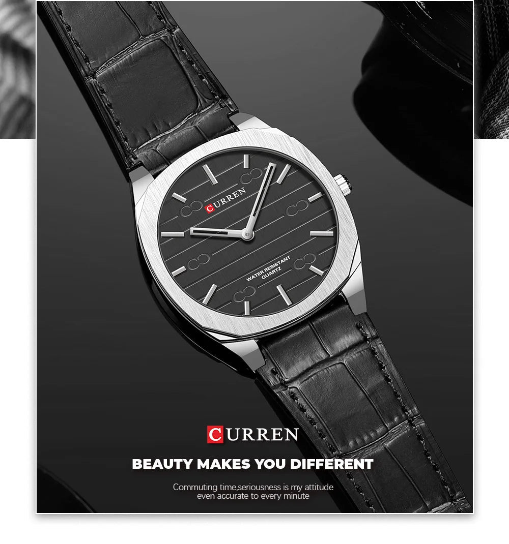 Curren M8480 men's classic analog watch featuring a sophisticated black dial face and a premium black leather strap