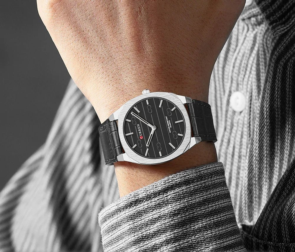 Curren M8480 men's classic analog watch featuring a sophisticated black dial face and a premium black leather strap