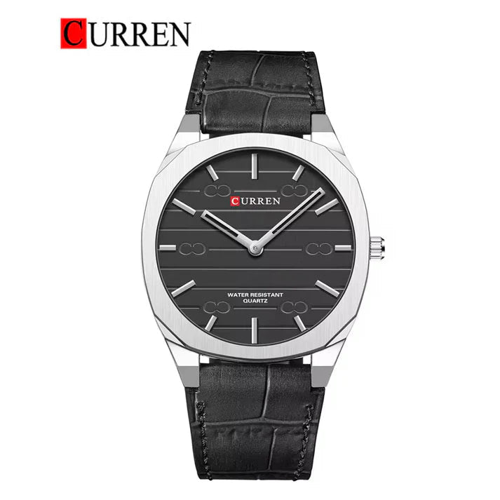 Curren M8480 men's classic analog watch featuring a sophisticated black dial face and a premium black leather strap