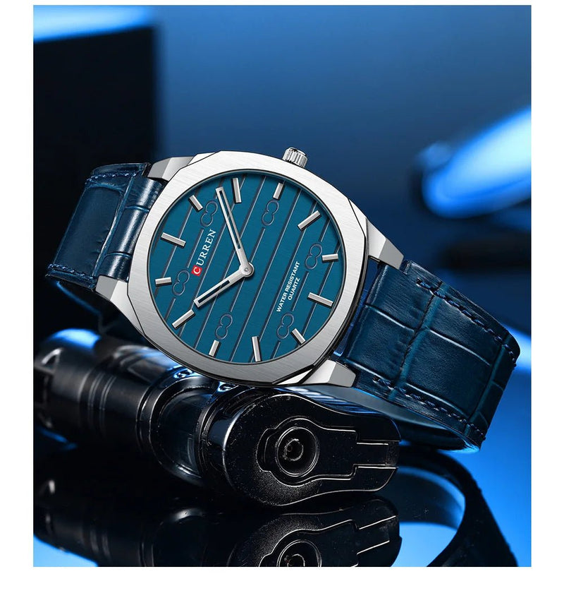 M:8480 Curren Blue Dial Blue Leather Strap Classic Analog Quartz Men's Watch. - Timecheck