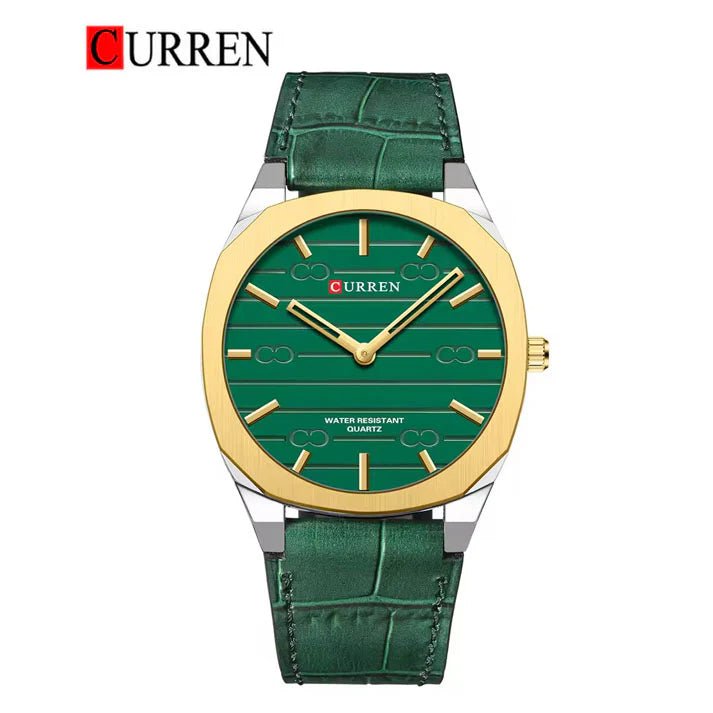 Curren M8365 men's classic analog watch featuring a vibrant green dial face and a comfortable matching green leather strap