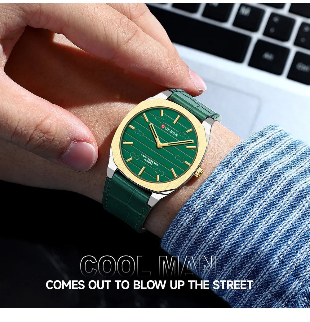 Curren M8365 men's classic analog watch featuring a vibrant green dial face and a comfortable matching green leather strap