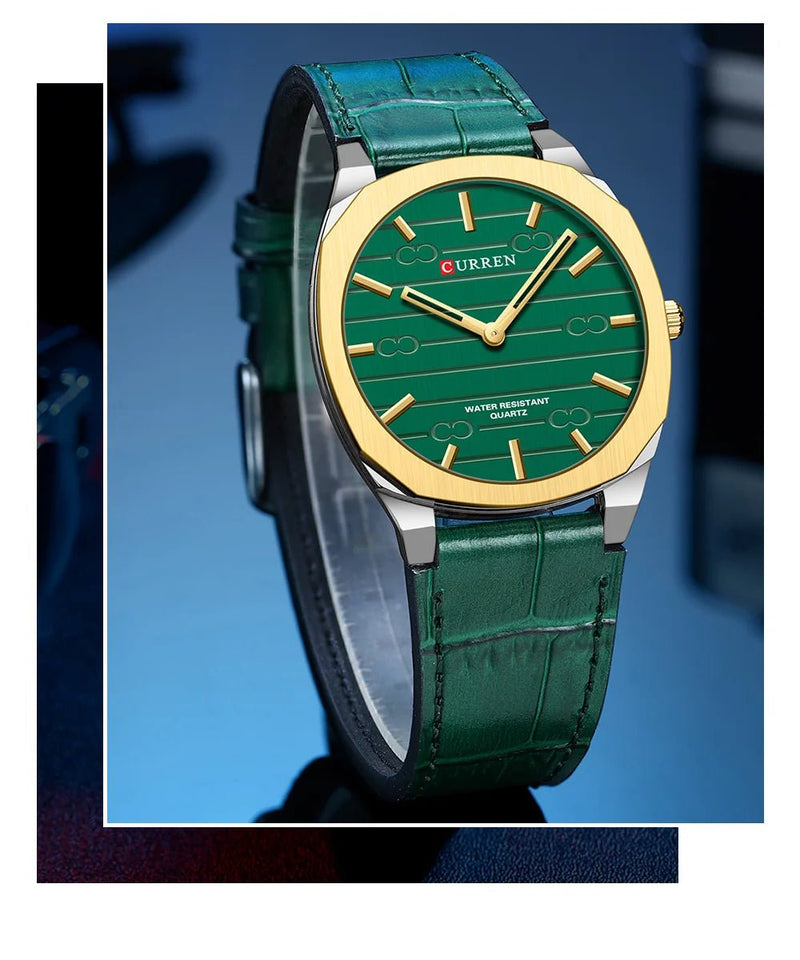 Curren M8365 men's classic analog watch featuring a vibrant green dial face and a comfortable matching green leather strap