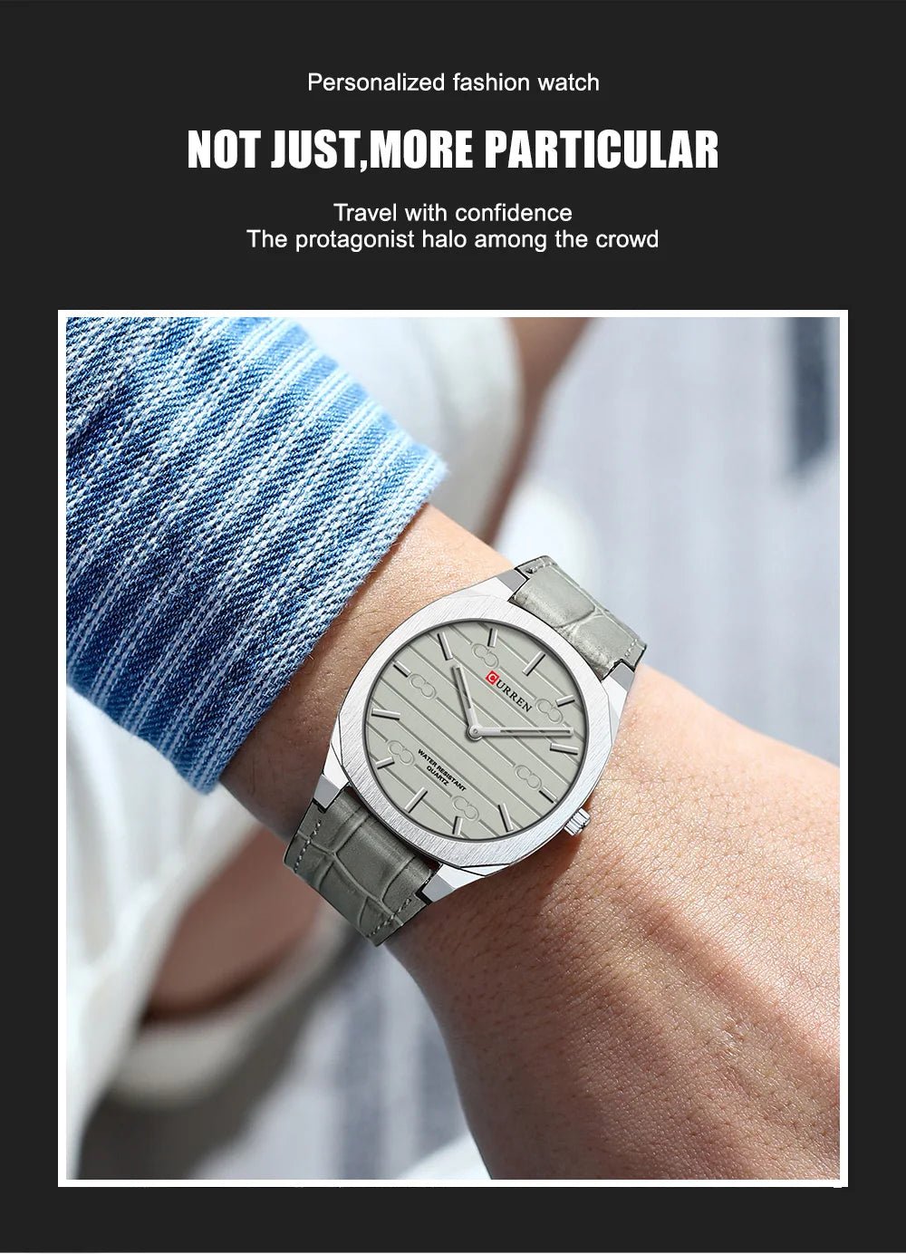 Curren M8480 men's classic analog watch featuring a sophisticated gray dial face and a matching gray leather strap