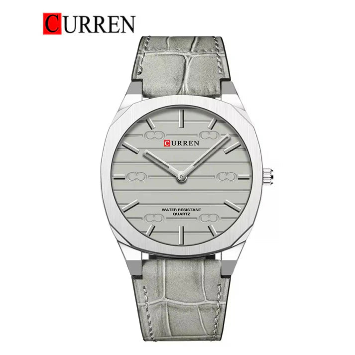 Curren M8480 men's classic analog watch featuring a sophisticated gray dial face and a matching gray leather strap