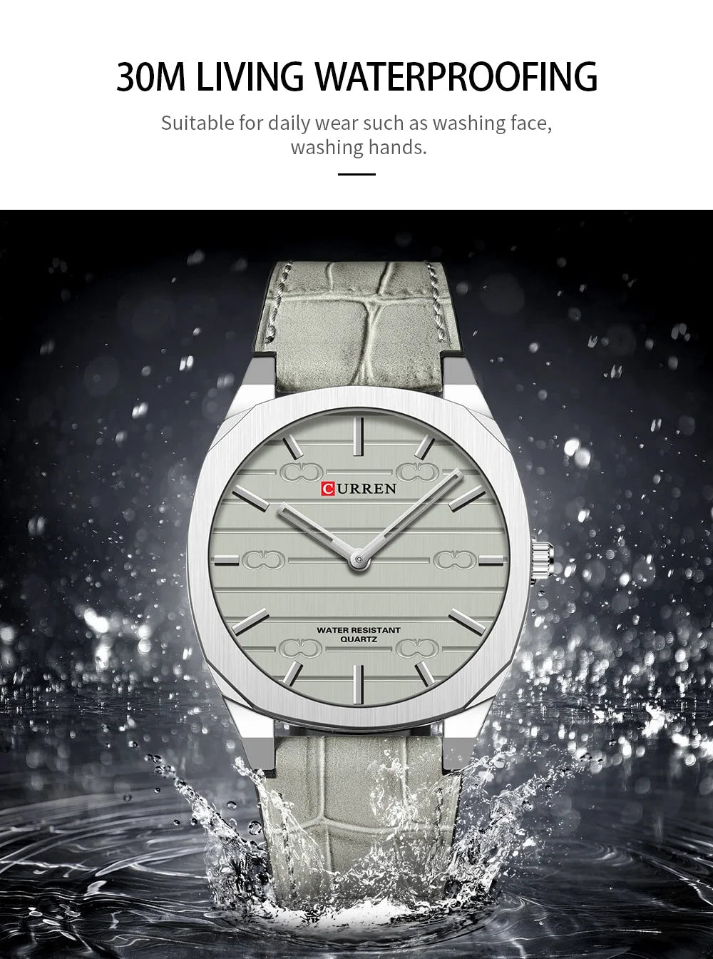 Curren M8480 men's classic analog watch featuring a sophisticated gray dial face and a matching gray leather strap