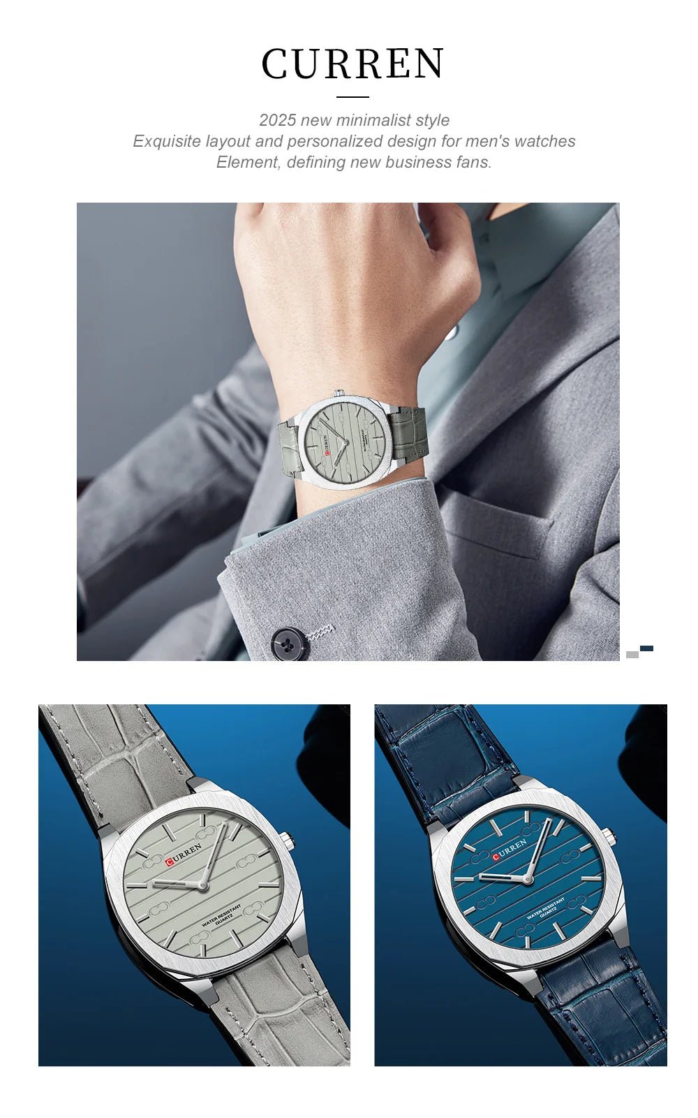 Curren M8480 men's classic analog watch featuring a sophisticated gray dial face and a matching gray leather strap