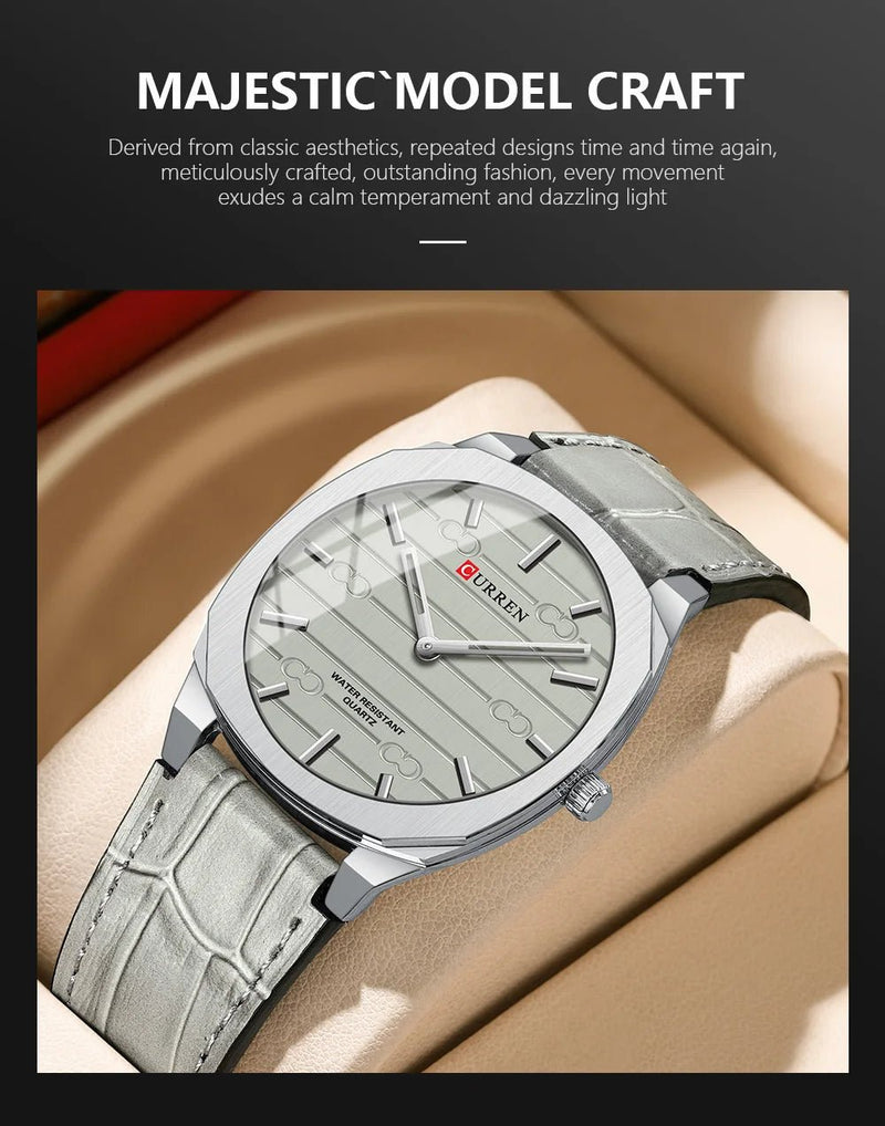 Curren M8480 men's classic analog watch featuring a sophisticated gray dial face and a matching gray leather strap