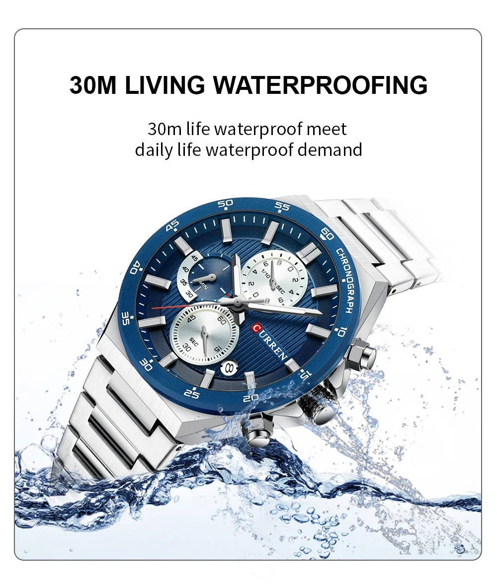 Curren M8325 men's chronograph watch featuring a striking blue dial face and polished silver stainless steel link bracelet