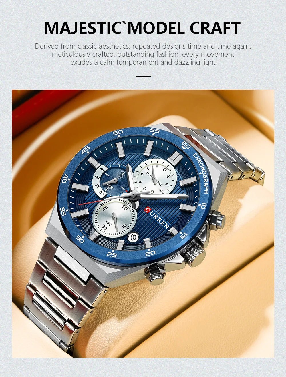 Curren M8325 men's chronograph watch featuring a striking blue dial face and polished silver stainless steel link bracelet
