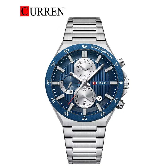 Curren M8325 men's chronograph watch featuring a striking blue dial face and polished silver stainless steel link bracelet