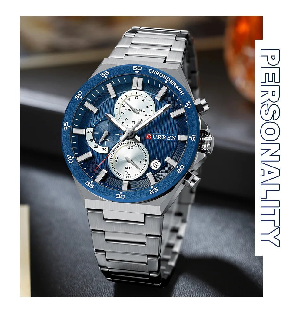 Curren M8325 men's chronograph watch featuring a striking blue dial face and polished silver stainless steel link bracelet
