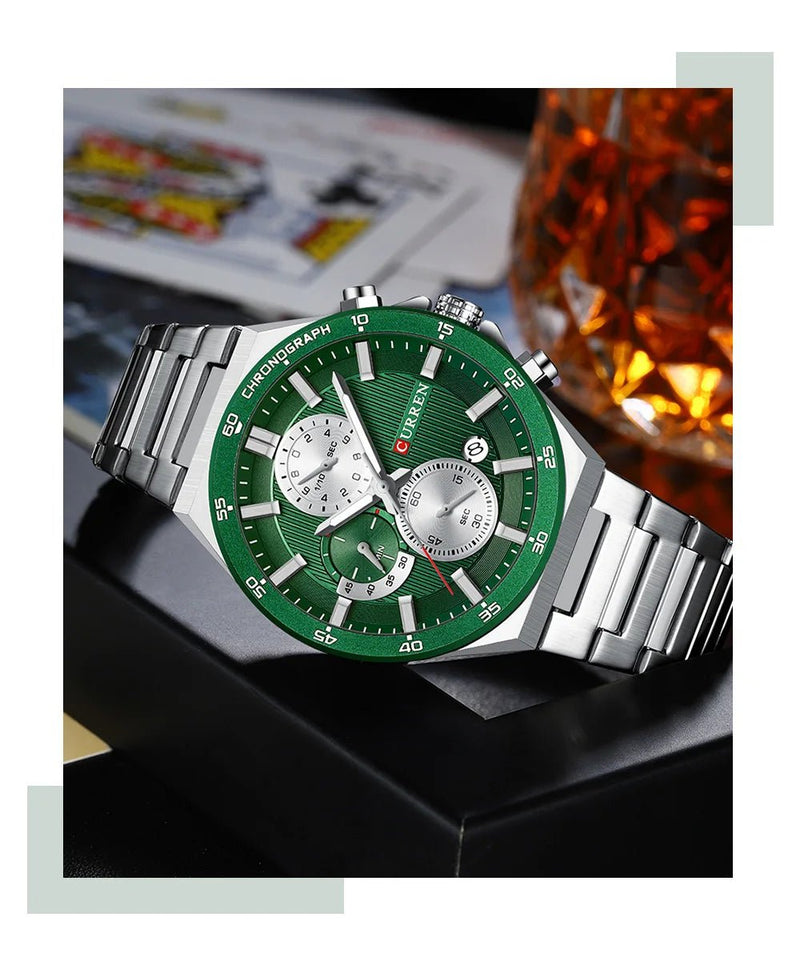 Curren M8481 men's chronograph watch featuring a vibrant green dial face and polished silver stainless steel link bracelet
