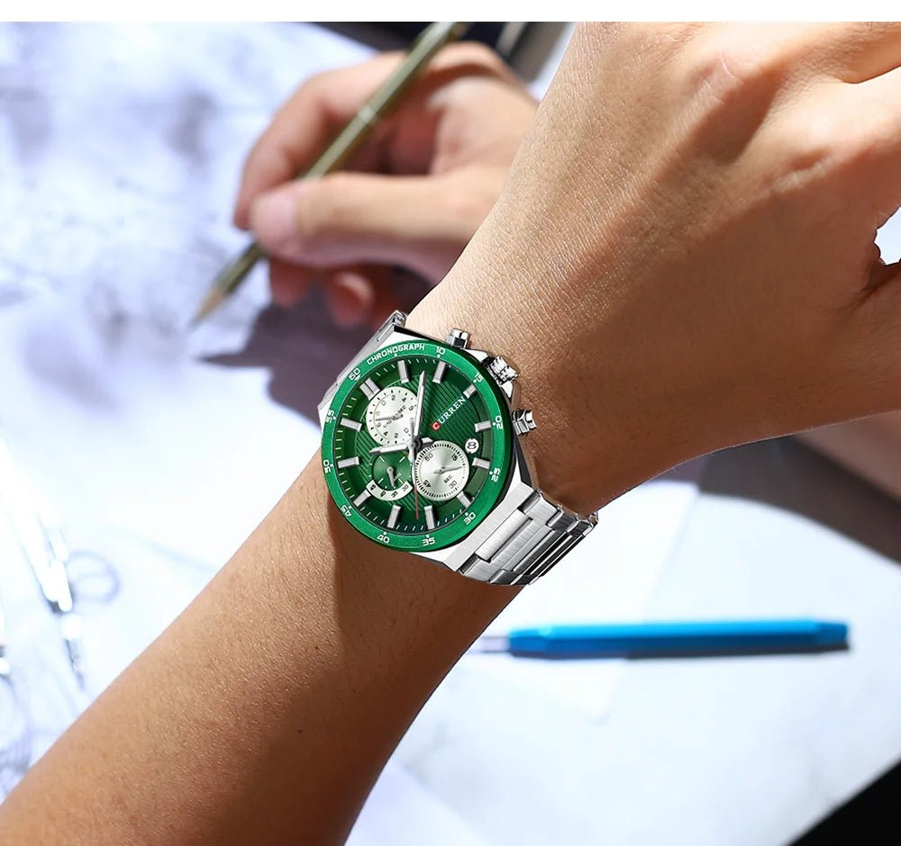 Curren M8481 men's chronograph watch featuring a vibrant green dial face and polished silver stainless steel link bracelet