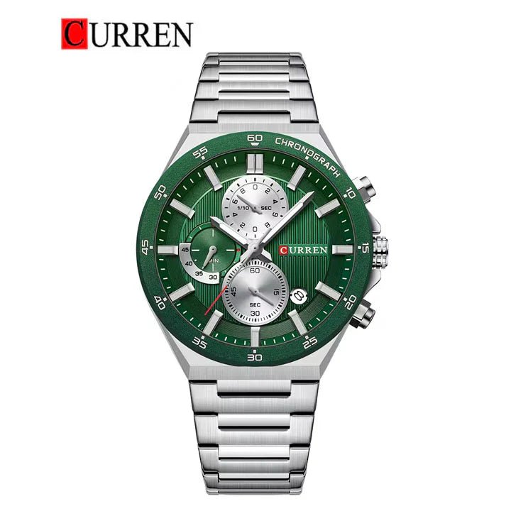 Curren M8481 men's chronograph watch featuring a vibrant green dial face and polished silver stainless steel link bracelet