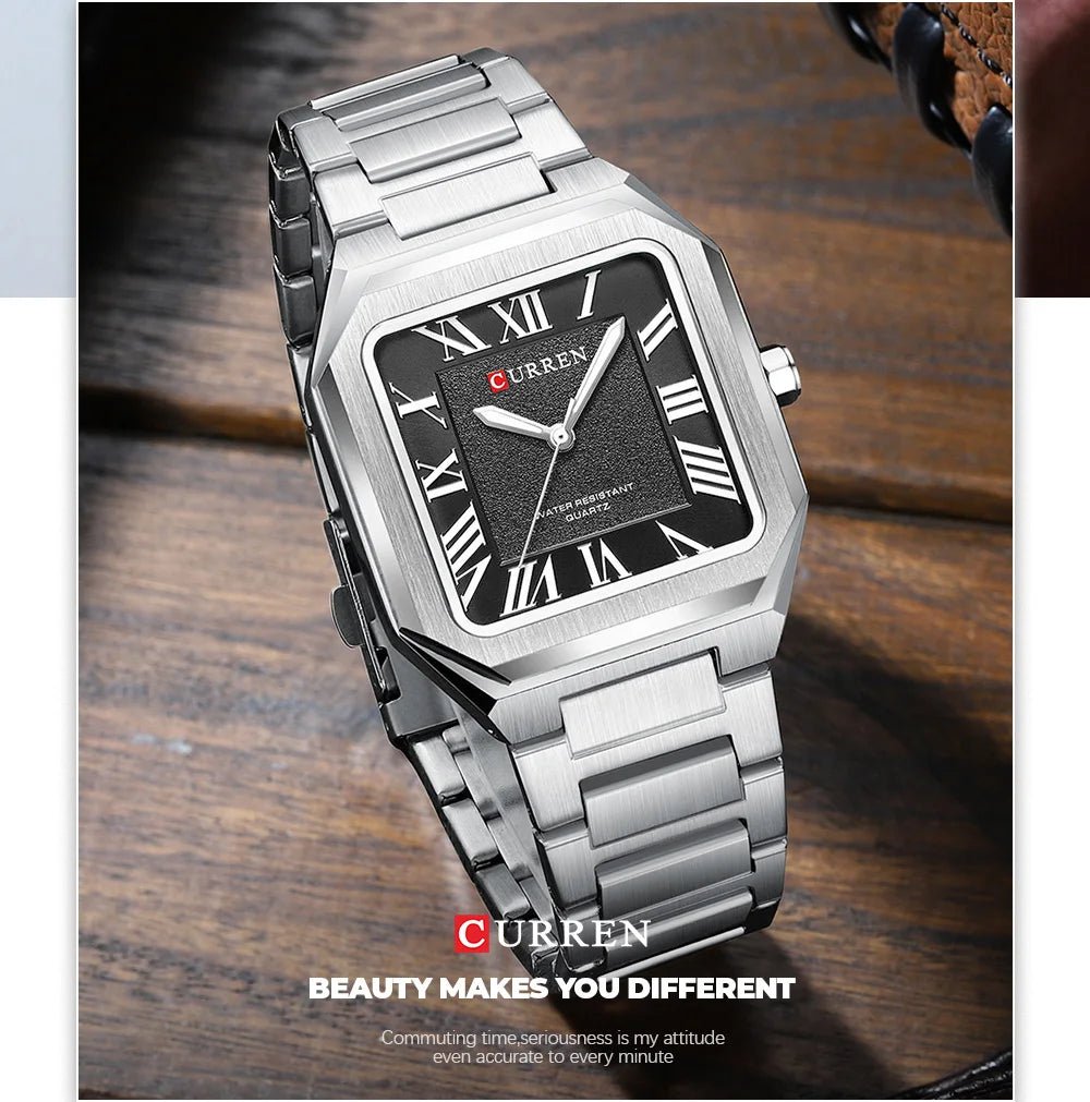 M:8482 CURREN Black Dial SILVER Stainless Steel Chain Analog Quartz Men's Watch With Box & Bag - Timecheck