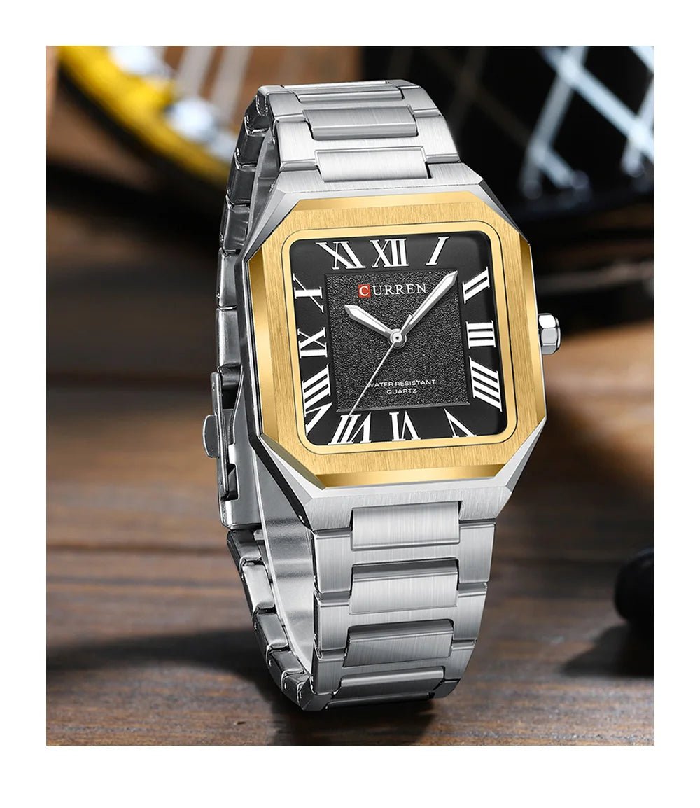 M:8482 CURREN Black Dial SILVER Stainless Steel Chain Analog Quartz Men's Watch With Box & Bag - Timecheck