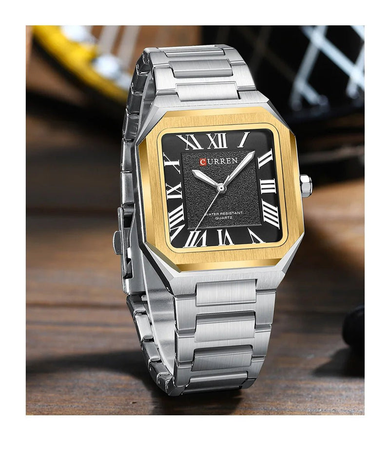 M:8482 CURREN Black Dial SILVER Stainless Steel Chain Analog Quartz Men's Watch With Box & Bag - Timecheck