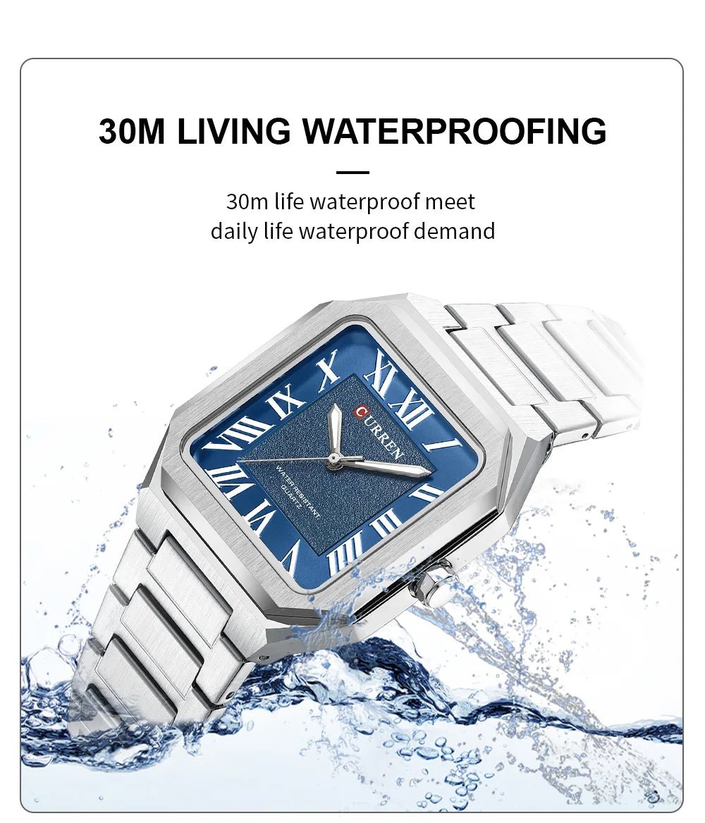M:8482 CURREN Blue Dial SILVER Stainless Steel Chain Analog Quartz Men's Watch With Box & Bag - Timecheck