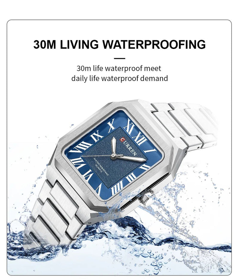 M:8482 CURREN Blue Dial SILVER Stainless Steel Chain Analog Quartz Men's Watch With Box & Bag - Timecheck