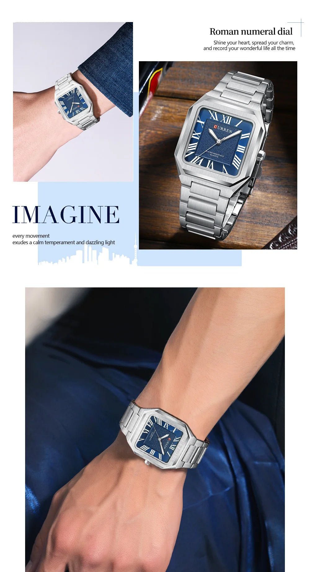 M:8482 CURREN Blue Dial SILVER Stainless Steel Chain Analog Quartz Men's Watch With Box & Bag - Timecheck