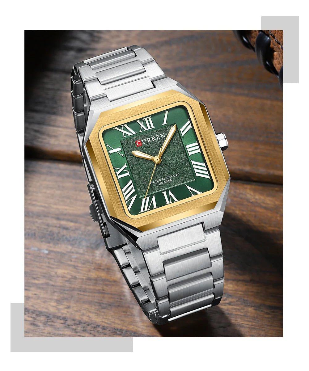 M:8482 CURREN Green Dial SILVER Stainless Steel Chain Analog Quartz Men's Watch With Box & Bag - Timecheck