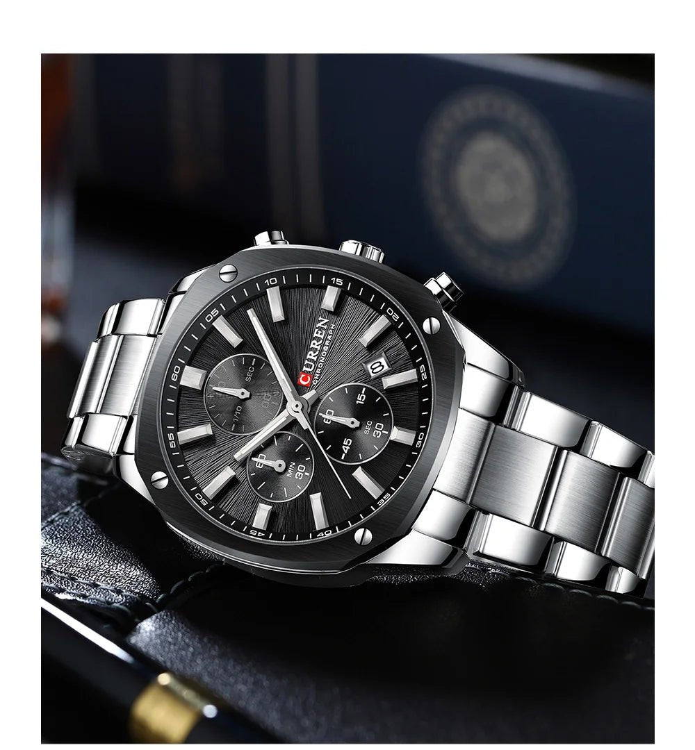 Curren M8440 mens chronograph analog watch featuring a bold black dial face and polished silver stainless steel link bracelet