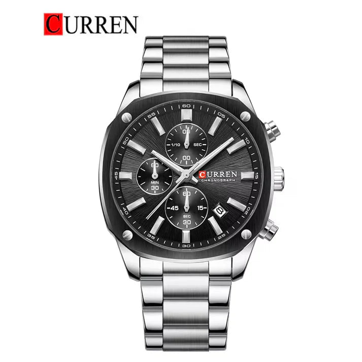Curren M8440 mens chronograph analog watch featuring a bold black dial face and polished silver stainless steel link bracelet