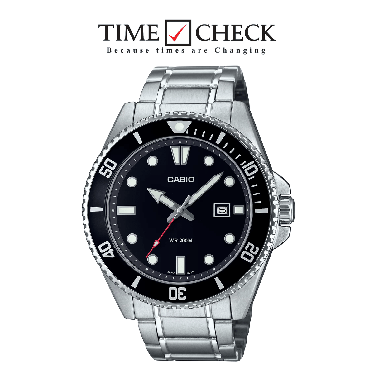 MDV-107D-1A1 Casio Black Dial Silver Stainless Steel Chain Analog Quartz Men's Watch. - Timecheck