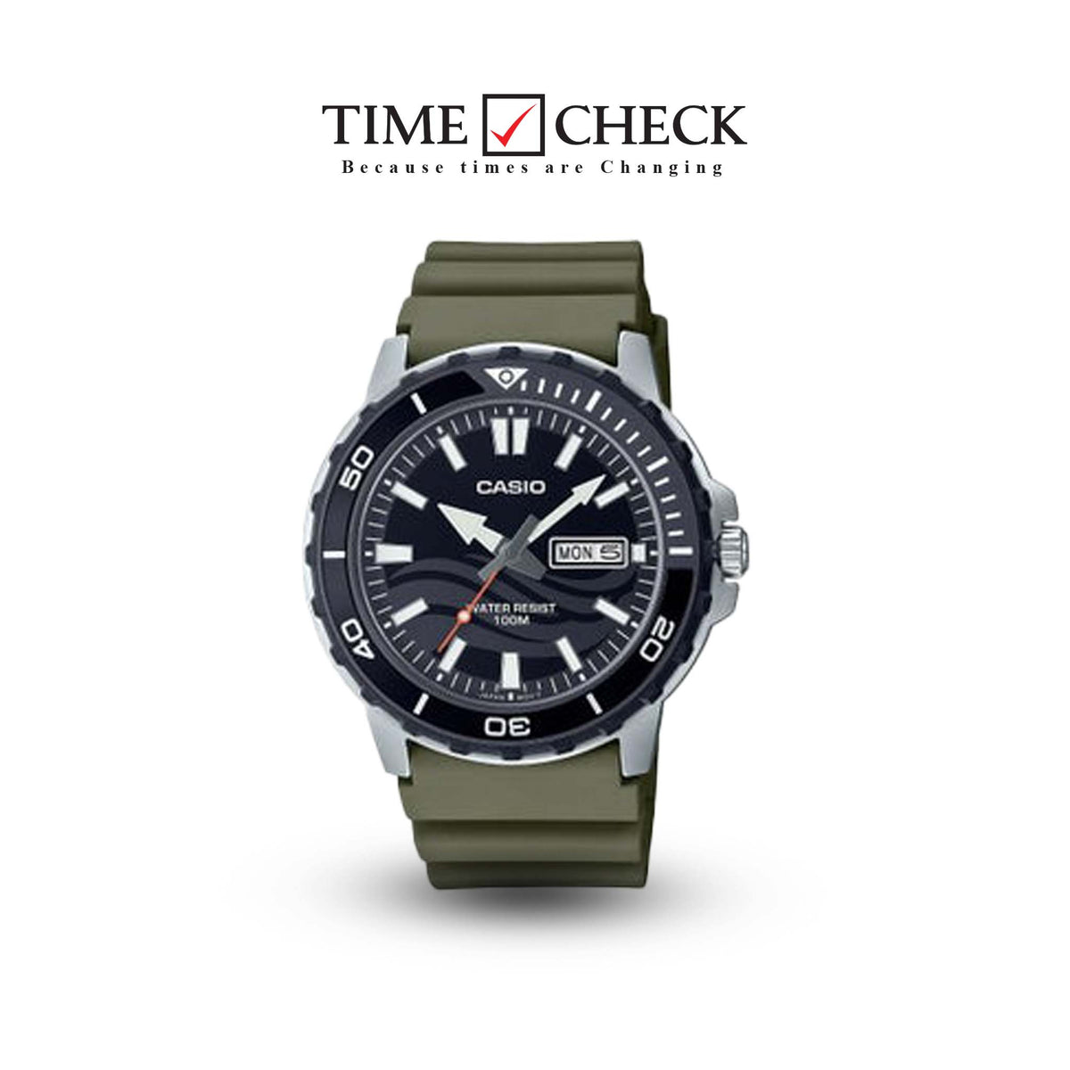MTD-125-3AVDF Casio Black Dial Green Strap Steel Case Analog Quartz Watch. - Timecheck