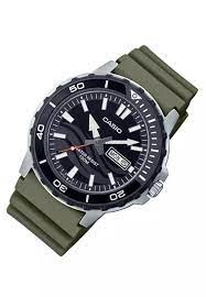 MTD-125-3AVDF Casio Black Dial Green Strap Steel Case Analog Quartz Watch. - Timecheck