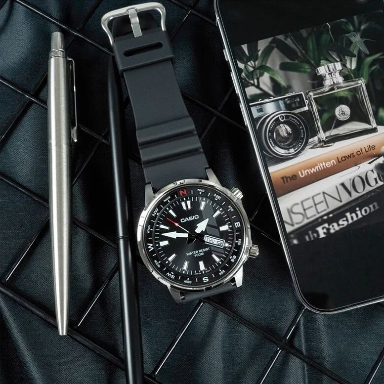 MTD-130-1AVDF Casio Black Dial Steel Case Silicon Strap Analog Quartz Men's Watch. - Timecheck